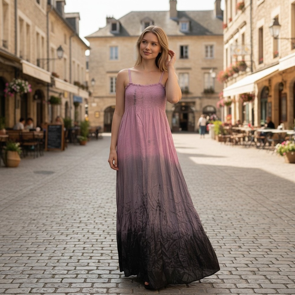 Rise Maxi Dress Women's Medium Pink Ombre Smocked Tie Dye Boho